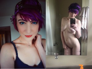 nacktfoto selfie von einem punk girl mit lila haaren